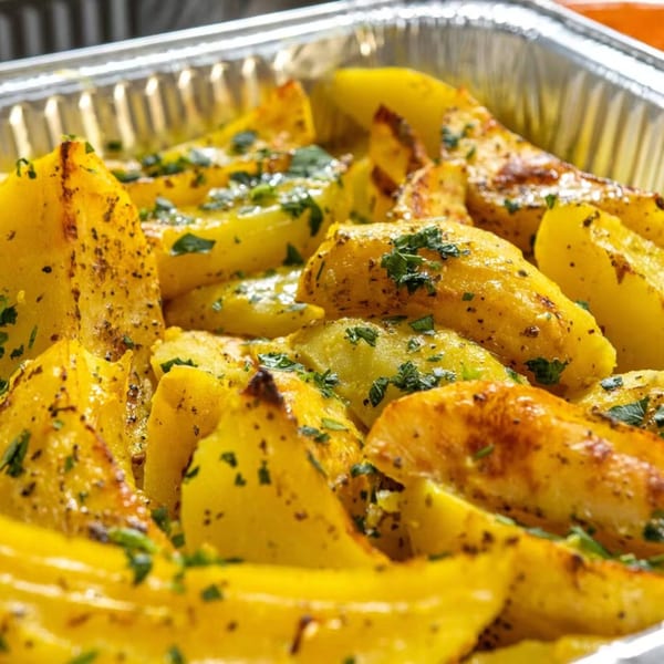 Golden Greek lemon potatoes, seasoned with herbs and spices, in a foil take-out container.
