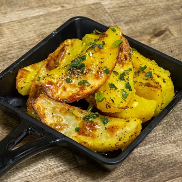 Golden Greek lemon potatoes with herbs and pepper in a black serving dish on a wooden table.