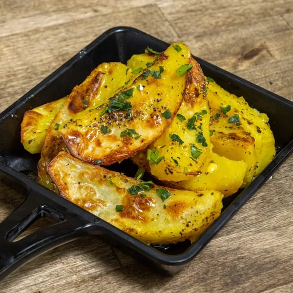 Golden-brown Greek lemon potatoes, garnished with fresh parsley and black pepper, in a black serving dish.