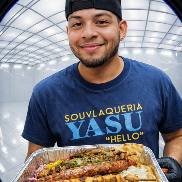 Smiling man in a Souvlaqueria Yasu t-shirt holding a large tray of Greek souvlaki, rice, and pita.