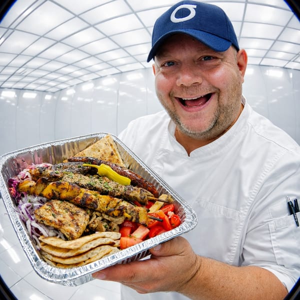 Smiling chef in a white coat and blue cap holding a large tray of Souvlaqueria's Greek food.
