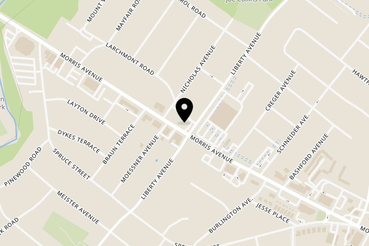 Map showing the location of Souvlaqueria on 2701 Morris Ave in Union